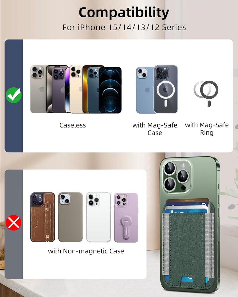 HiWe for MagSafe Wallet, Strongest Magnetic Wallet for iPhone 17/16/15/14/13/12 Series, 7 Cards Holder, Leather Minimalist Slim RFID, 1 Slot, Green - Image 5